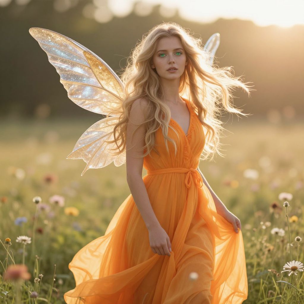 Ethereal Woman with Fairy Wings in Orange Dress in Sunlit Meadow