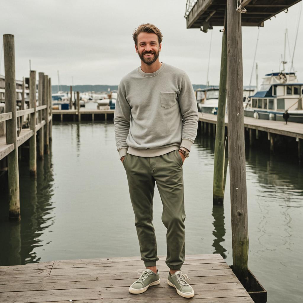 Casually-Dressed Man on Wooden Dock at Marina