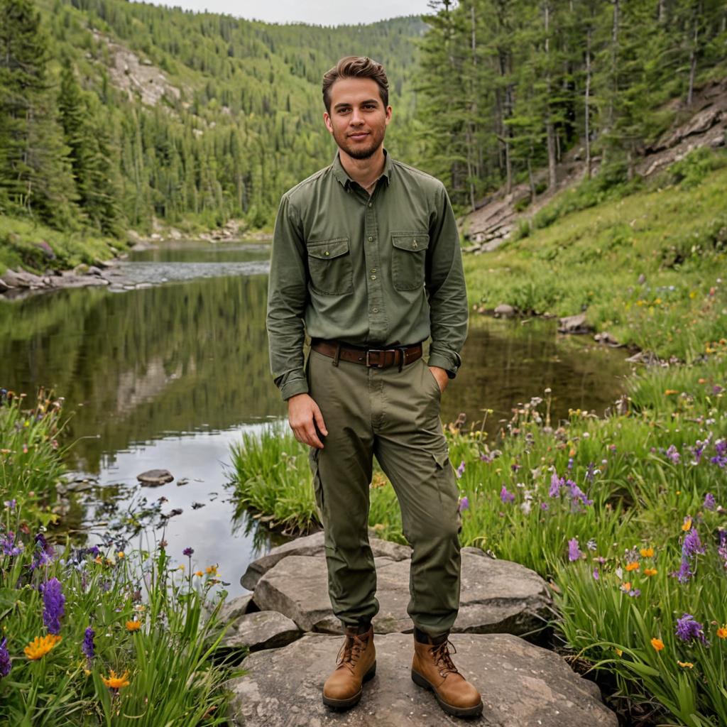 Man on Rock in Serene Mountain Landscape