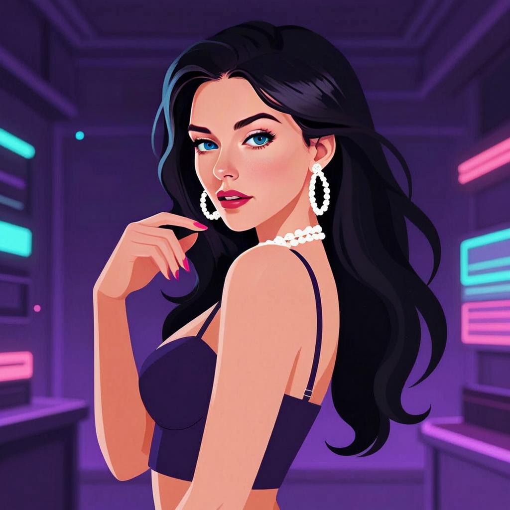 Stylish Woman in Neon-Lit Digital Art with Purple Crop Top