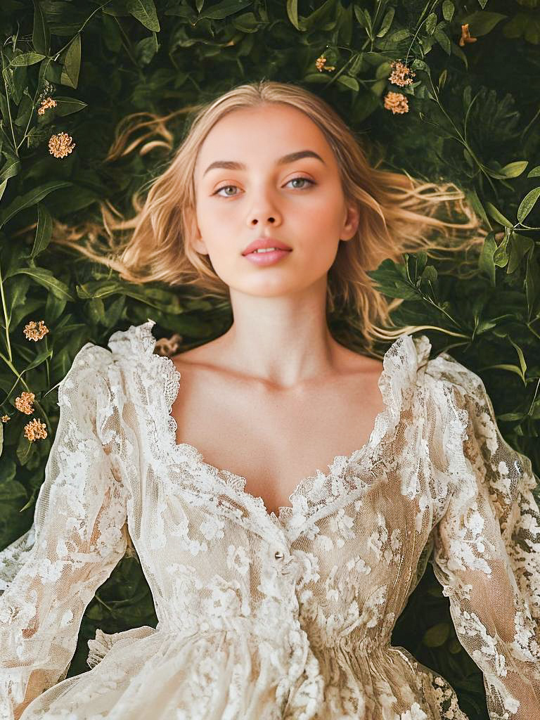 Serene Woman in Lace Amidst Lush Greenery