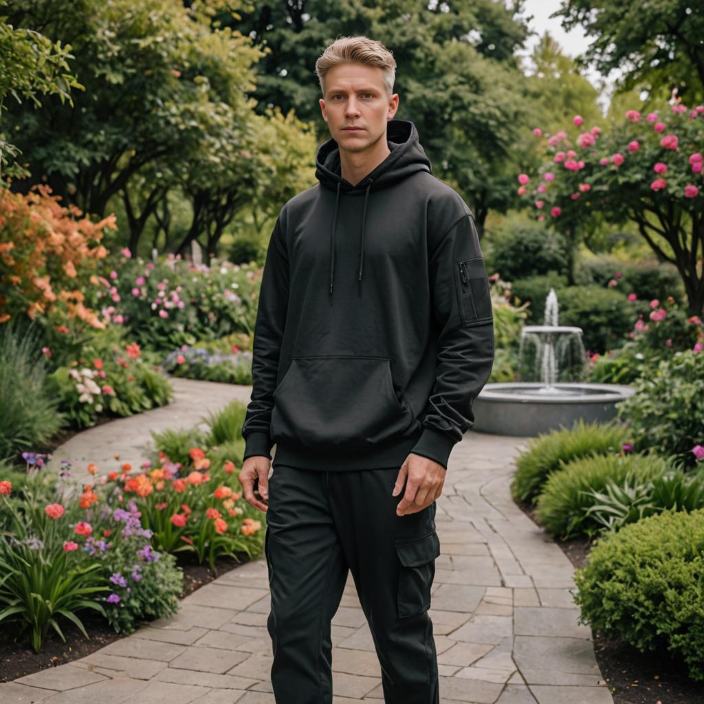 Confident Man in Stylish All-Black Outfit in Garden