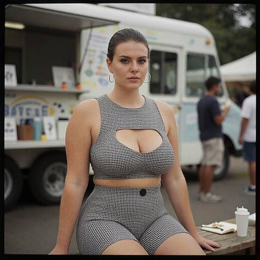Curvy Woman in Modern Street Style Checkerboard Two-Piece Outfit