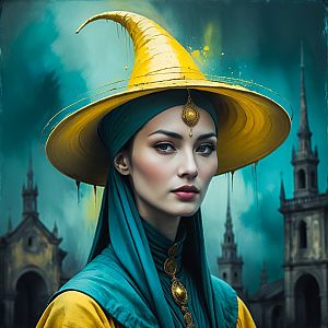 Mystical Woman in Golden Hat and Teal Headscarf