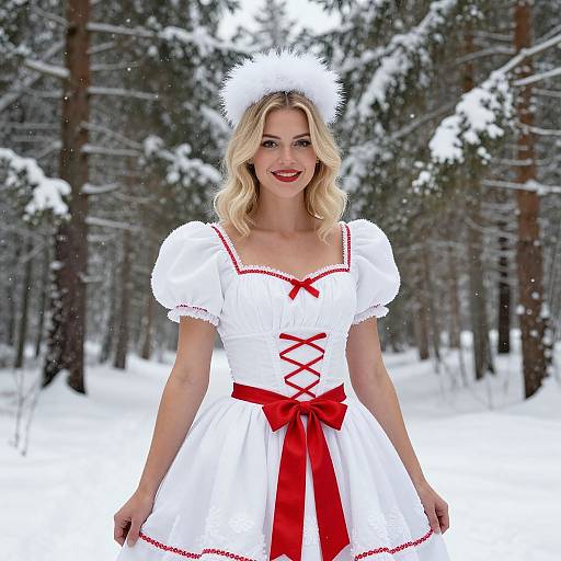 Festive Woman in White and Red Dress with Winter Snowy Forest Background