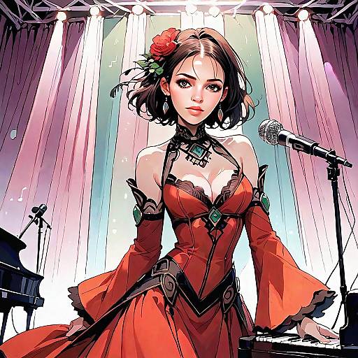Anime Woman in Red Dress Performing on Stage with Piano and Microphone