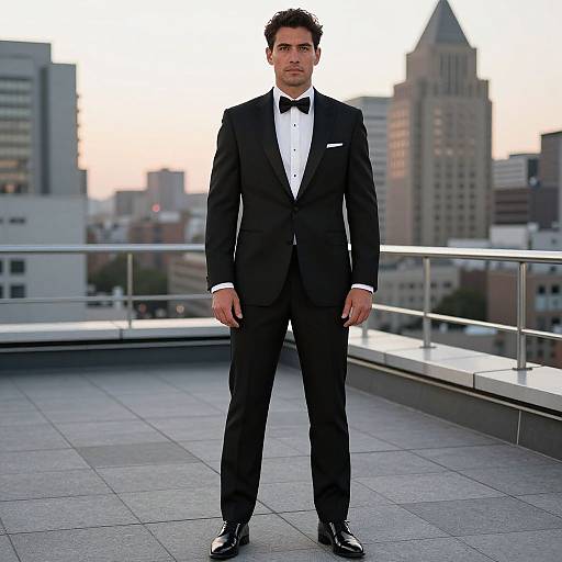 Man in Classic Black Tuxedo on Rooftop with City Skyline