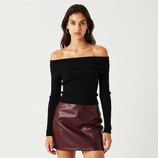 Gen Z Fashion Model in Off-Shoulder Black Sweater and Burgundy Leather Skirt
