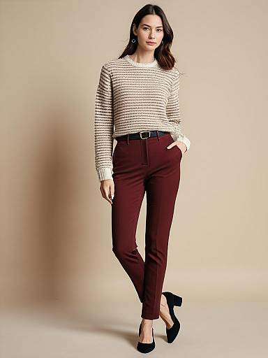 Woman Wearing Casual Textured Knit Sweater with Burgundy Pants