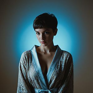 Young Woman in Lace Robe with Short Hair Against Blue Background