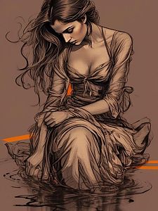 Contemplative Woman in Flowing Dress by Water