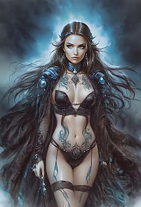 Fantasy Woman Warrior with Mystical Tattoos in Dark Armor Digital Art