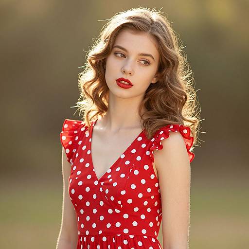Vintage Style Woman in Red Polka Dot Dress with Retro Makeup