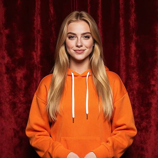 Young Blonde Woman in Orange Hoodie Posing Against Red Velvet Background