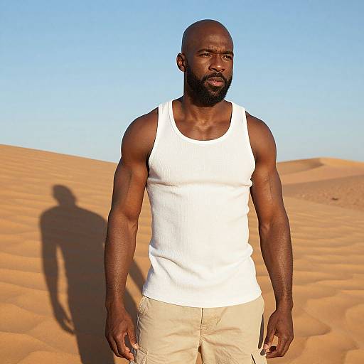 Muscular Man in White Tank Top Standing on Desert Sand Dunes