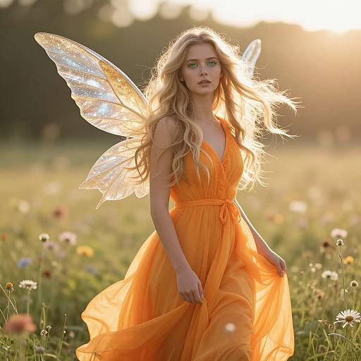 Ethereal Woman with Fairy Wings in Orange Dress in Sunlit Meadow