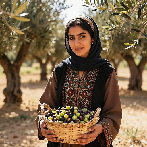 Young Woman Harvesting Olives in Traditional Dress in Olive Grove