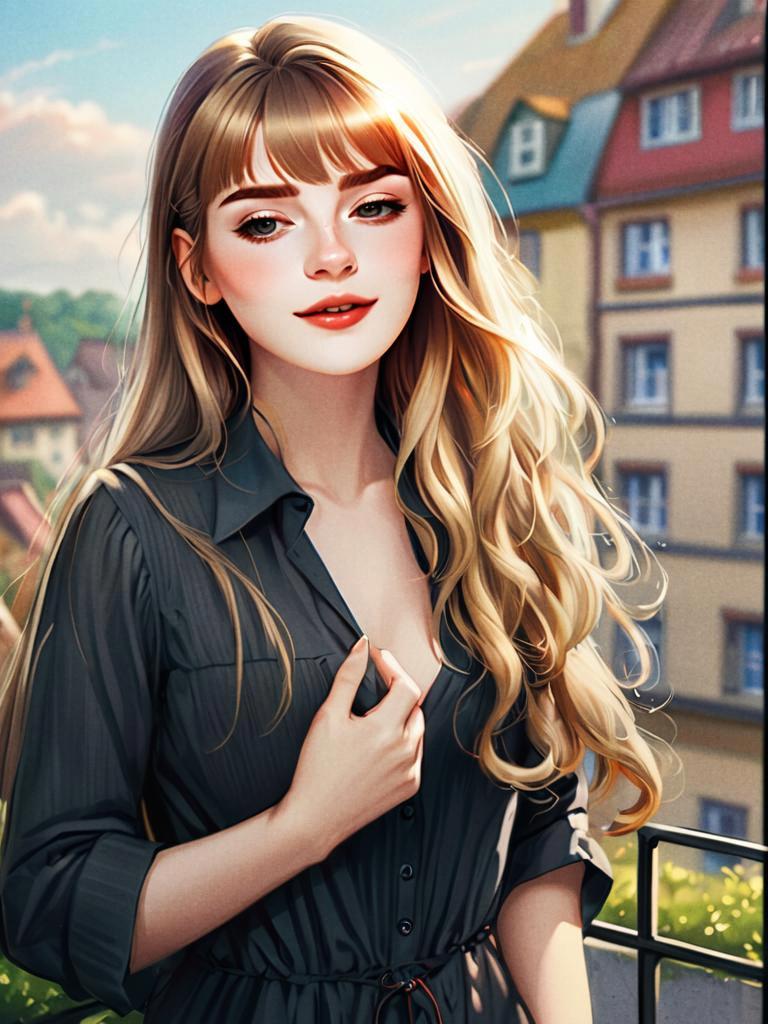 Anime Style Portrait of Blonde Woman on Balcony in European Town