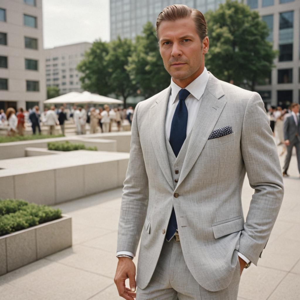 Confident Man in Light Grey Suit in Urban Setting