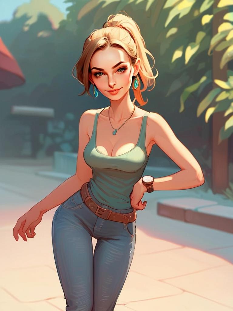 Confident Young Woman in Green Tank Top and Blue Jeans Confident Young Woman in Green Tank Top and Blue Jeans