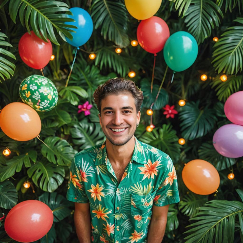 Cheerful man in festive tropical setting