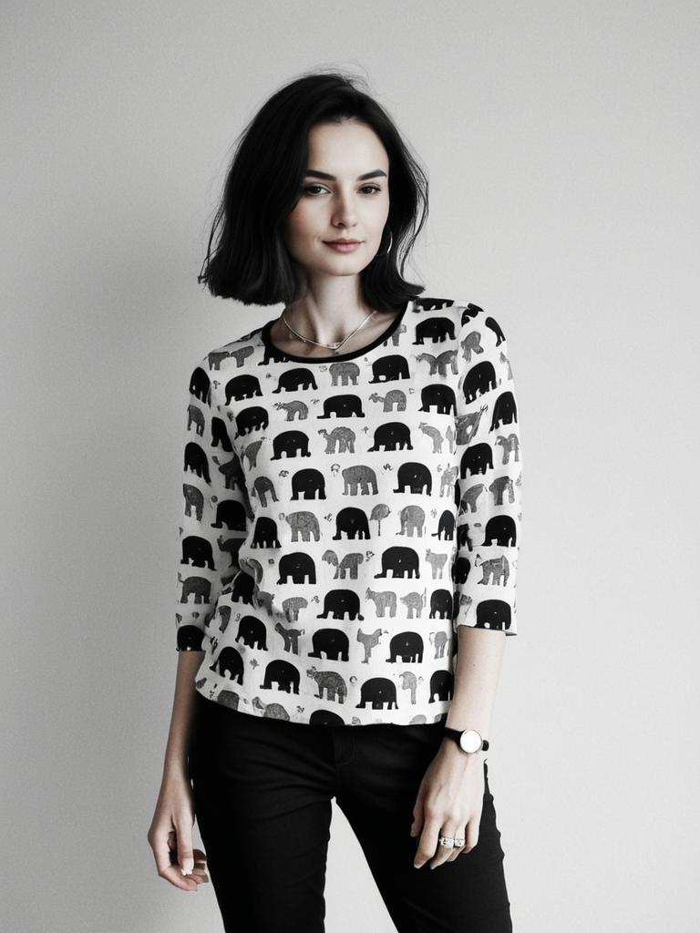 Woman Wearing Casual Monochrome Elephant Print Top with Round Neckline