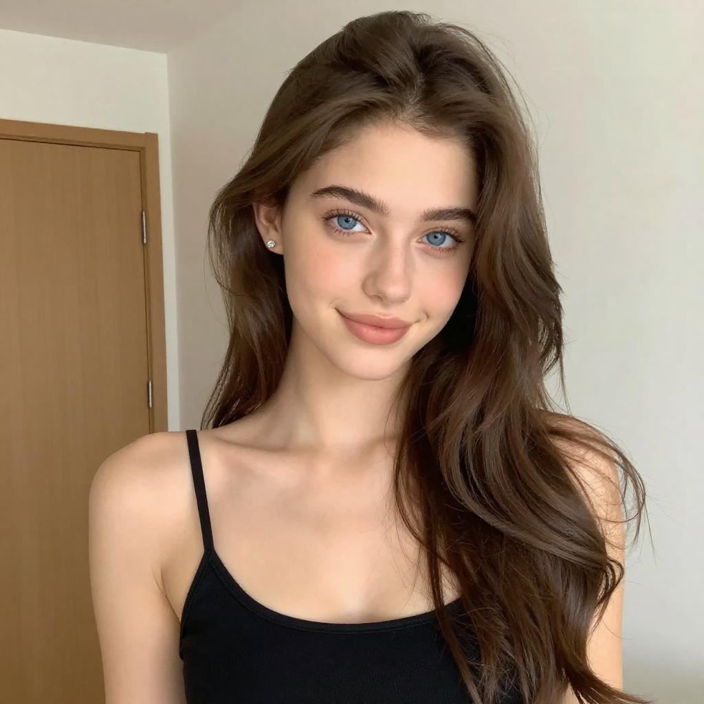 Portrait of Young Woman with Blue Eyes and Long Hair in Black Tank Top