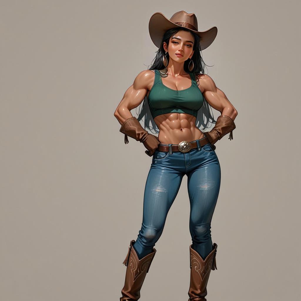 Strong Muscular Woman in Western Outfit Digital Illustration
