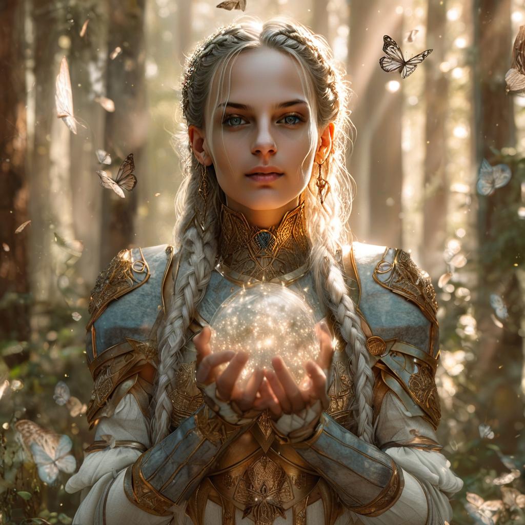 Fantasy Woman in Golden Armor Holding Magical Orb in Enchanted Forest
