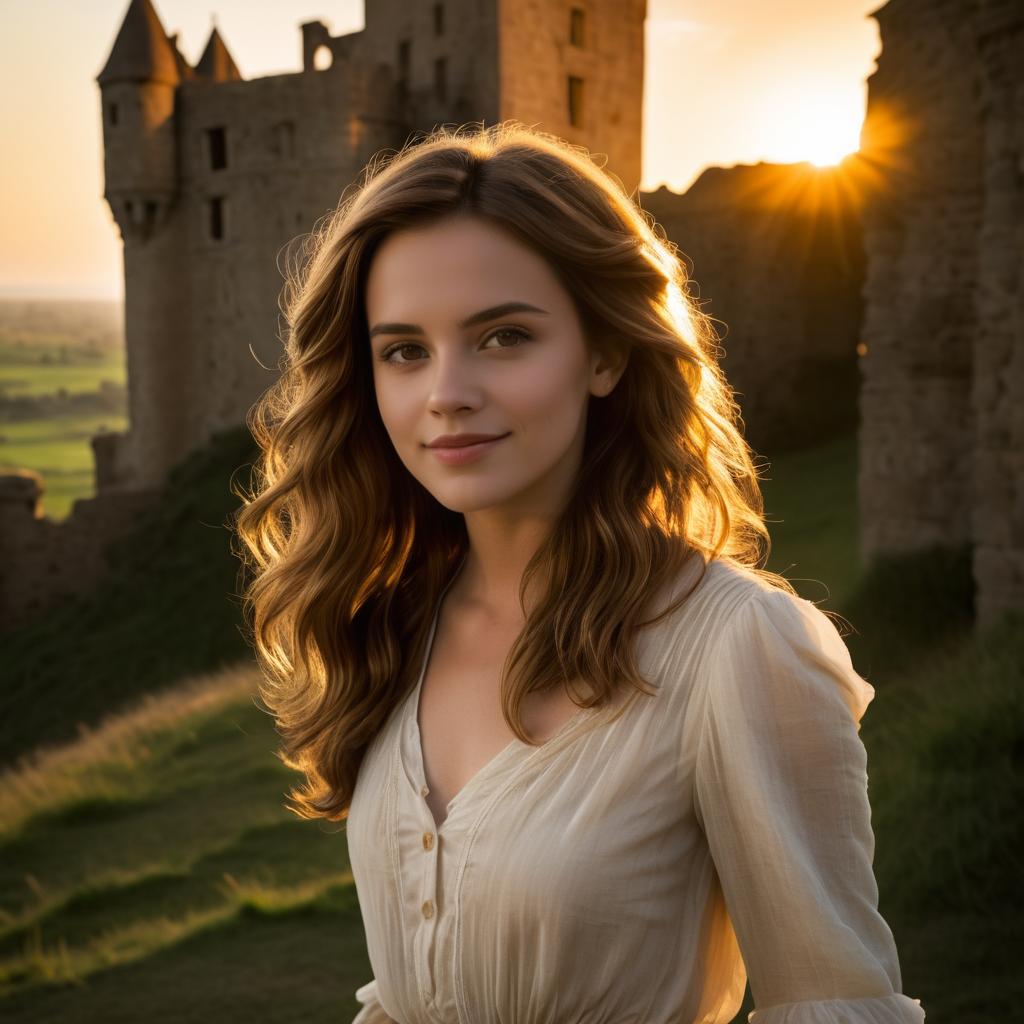 Young Woman at Medieval Castle Sunset