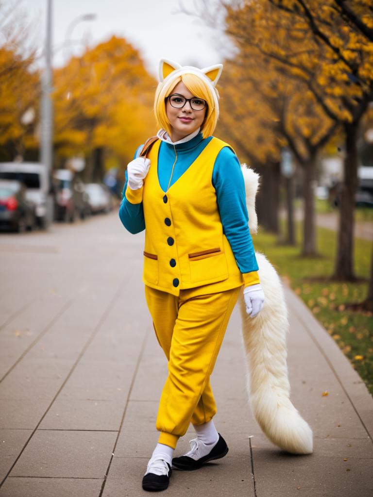Realistic Cosplay Woman in Yellow Cat-Themed Outfit with Glasses Outdoors in Autumn
