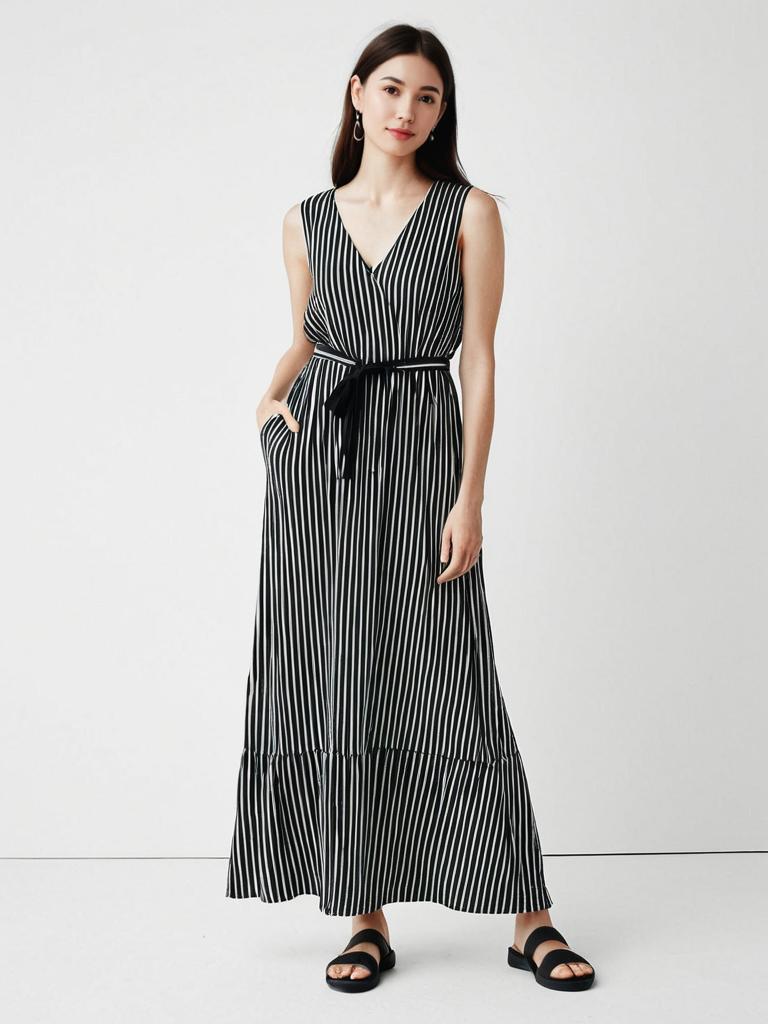 Casual Chic Sleeveless Black and White Striped Maxi Dress for Women