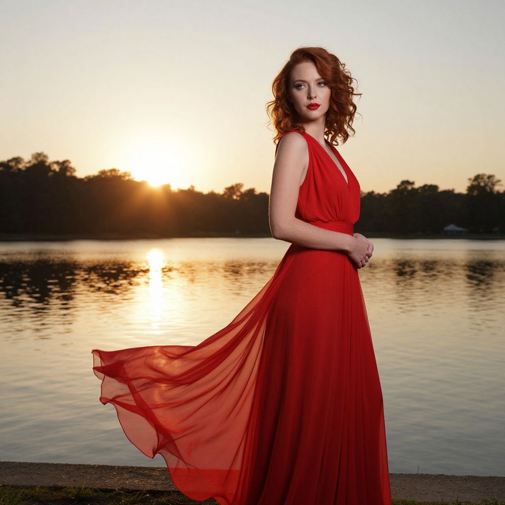 Elegant Woman in Red Dress by Lakeside at Sunset