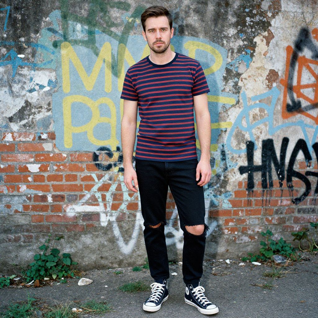 Man in Striped T-Shirt and Ripped Jeans Standing by Graffiti Wall