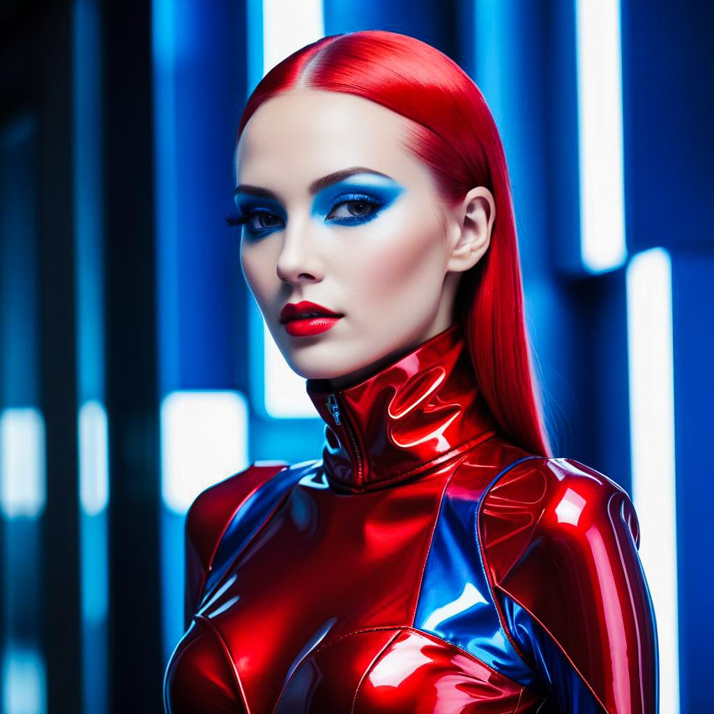 Striking woman with red hair in futuristic outfit