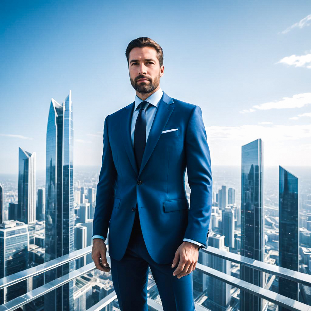 Confident Man in Blue Suit on Skyscraper