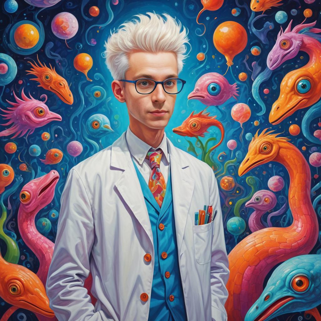 Man with white hair and glasses against whimsical, surreal background