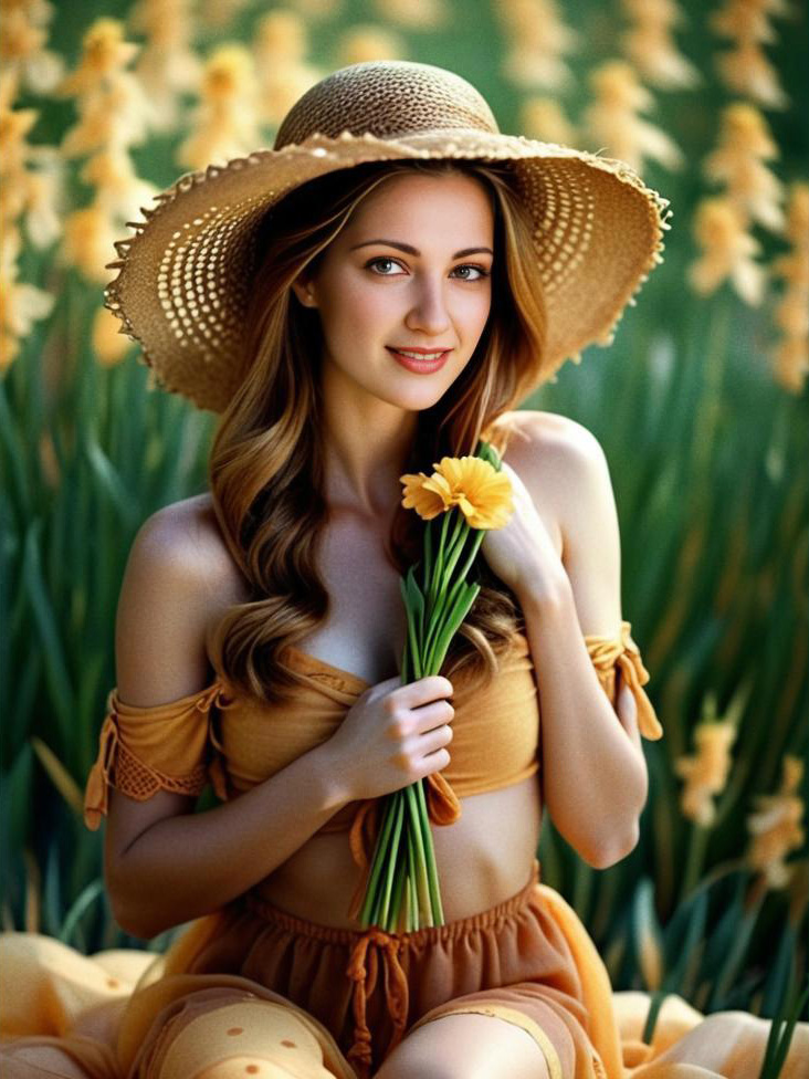 Young Woman in Straw Hat with Yellow Flowers