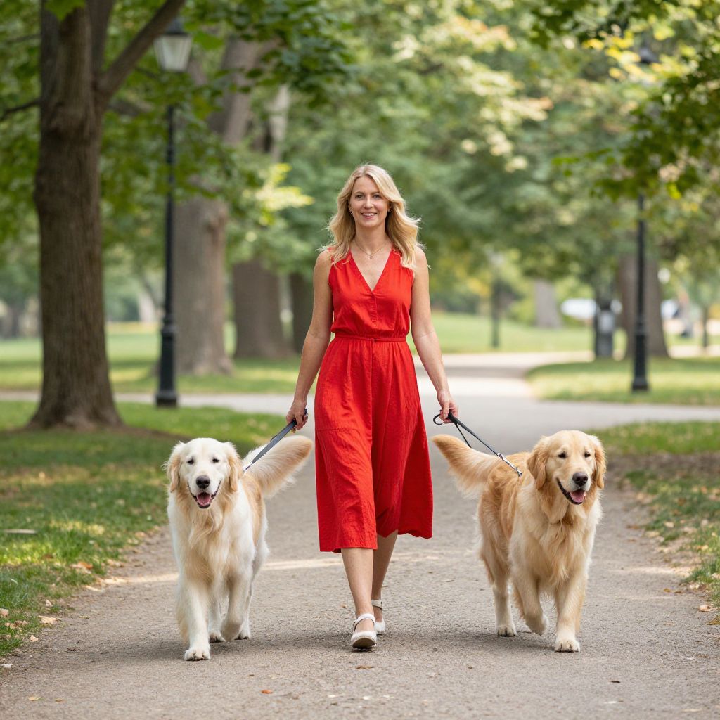 Woman in Red Dress Walking Two Golden Retrievers in Park