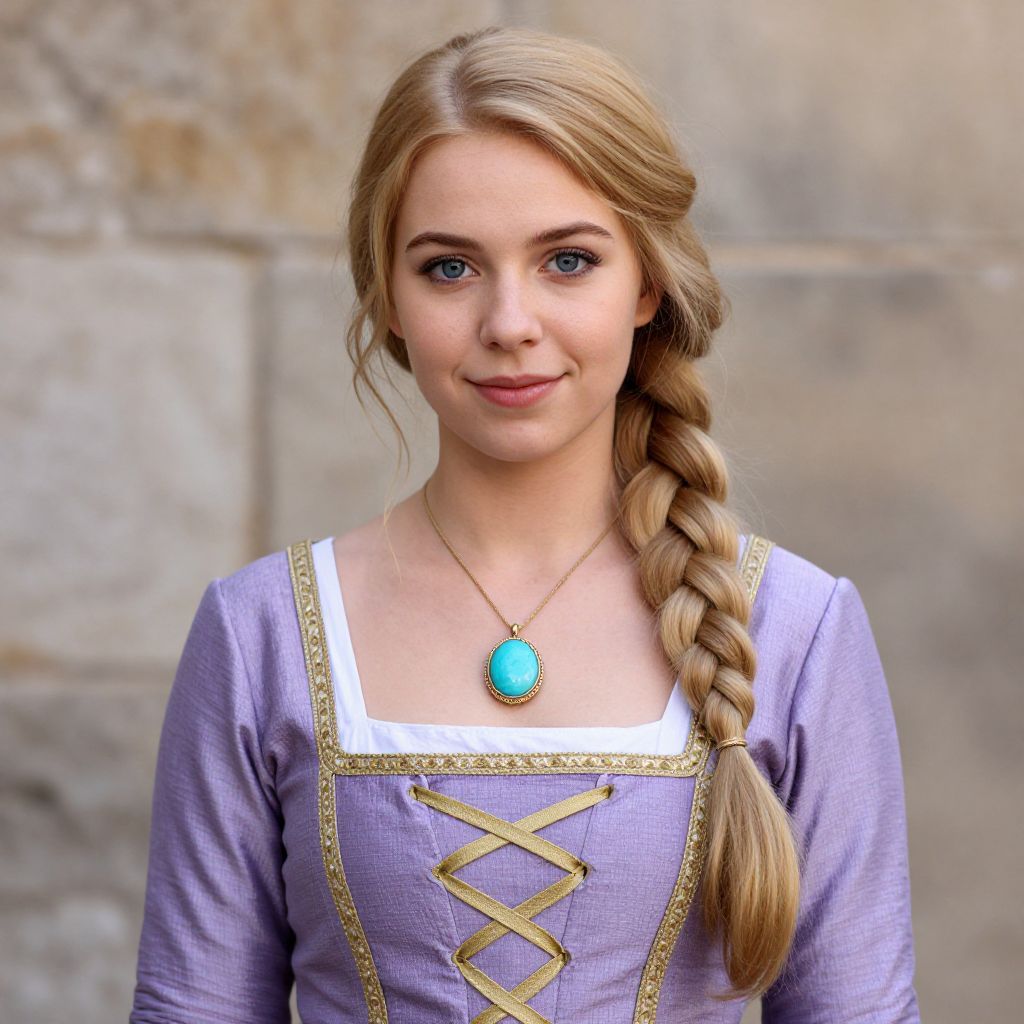 Young Woman in Medieval Lavender Dress with Turquoise Pendant Necklace