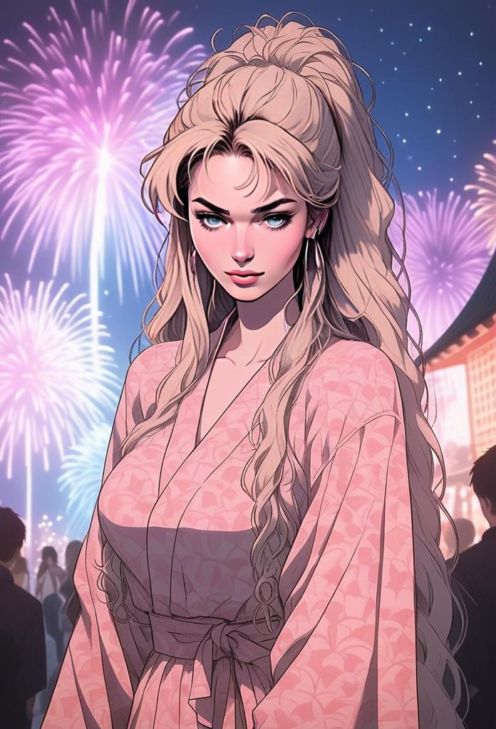 Woman in Pink Robe Against Colorful Fireworks Woman in Pink Robe Against Colorful Fireworks
