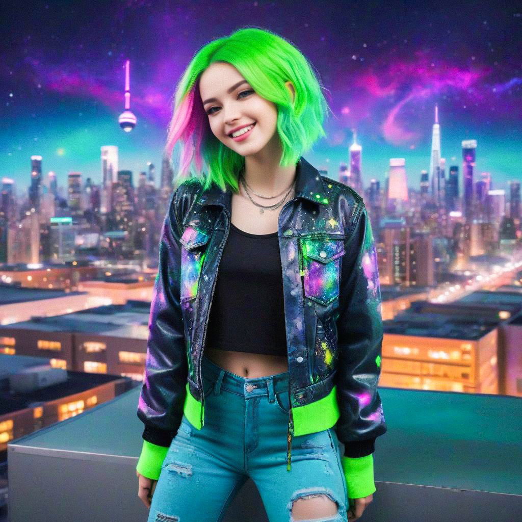 Young Woman with Green Hair in Futuristic Cityscape Young Woman with Green Hair in Futuristic Cityscape