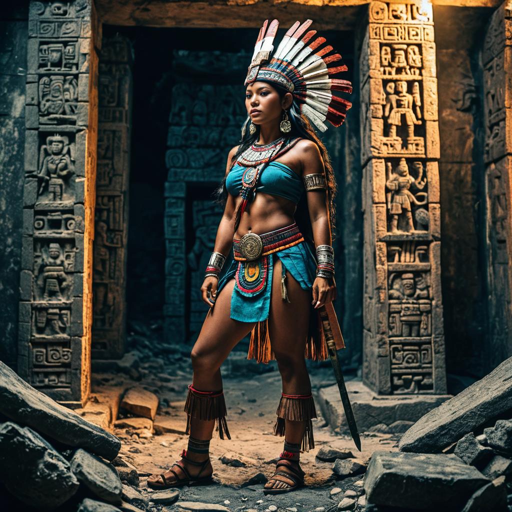 Aztec Warrior Woman in Ancient Temple Realistic Portrait