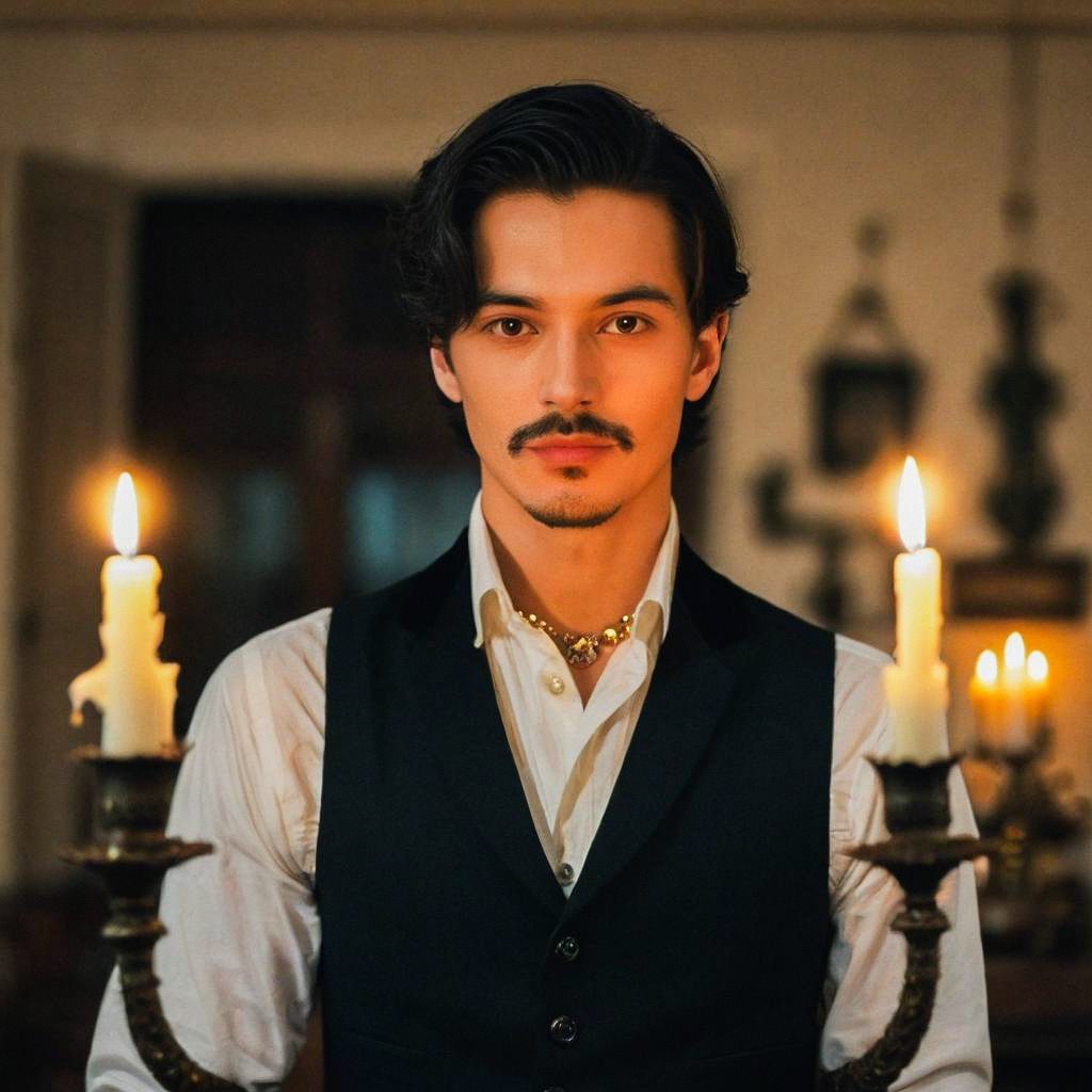 Young Man with Mustache in Candlelight