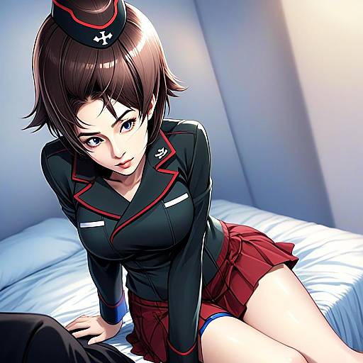 Stylized Anime Woman in Military-Inspired Uniform Sitting on Bed