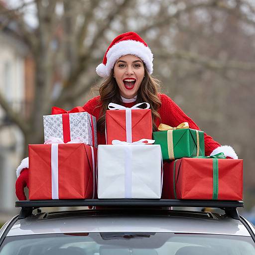 Joyful Woman with Christmas Gifts on Car Roof