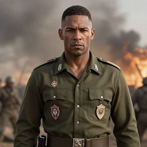 Serious Soldier in Military Uniform with Battlefield Background