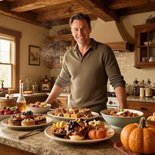 Man in Rustic Kitchen with Autumn-Themed Dishes