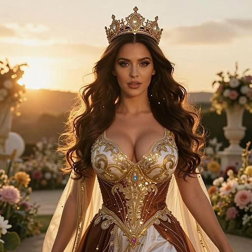 Regal Woman in Ornate Gold and White Royal Gown with Crown at Sunset