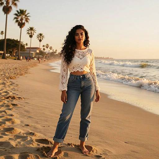 Young Woman in Lace Crop Top and Jeans on Sunset Beach